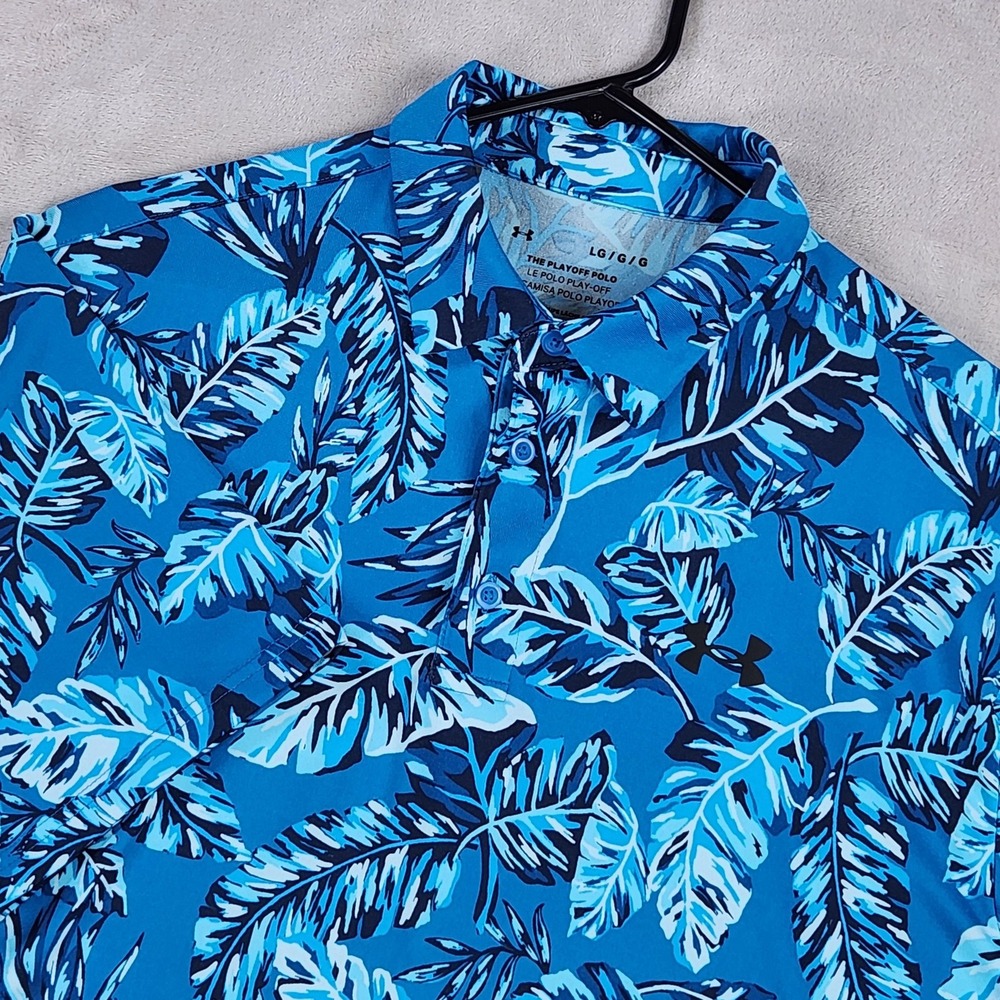Under Armour Polo Shirt Mens Large Blue Tropical Print Golf Performance Stretch